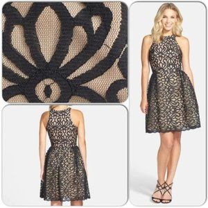 Monique Lhuillier Bridesmaids Black Lace Fit & Flare Dress with POCKETS!